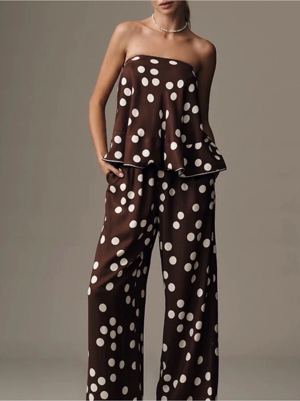 Maeve Brown & White Polka Dot Wide-Leg Jumpsuit